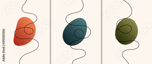 Minimal abstract poster with organic fluid shapes and flowing wavy line in earthy tones, terracotta, teal, and moss green. modern calm wall art design with continuous line art