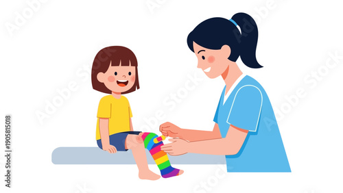 Caring and Healing: A compassionate caretaker gently attends to a child's injury, epitomizing the healing process with kindness and empathy.