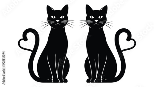 Two black cats with hearts on their tails sitting side by side Vector