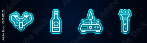 Set line Slingshot, Bottle of vodka, Camping gas stove and Flashlight. Glowing neon icon. Vector