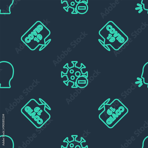 Set line Negative virus, Corona on location and Man coughing on seamless pattern. Vector