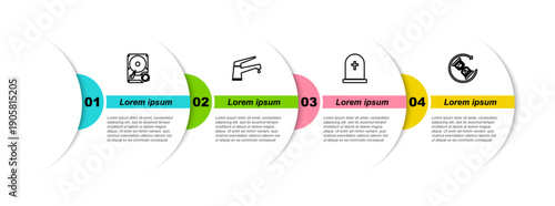 Set line Hard disk drive HDD sync refresh, Water tap, Tombstone with cross and Waiting. Business infographic template. Vector