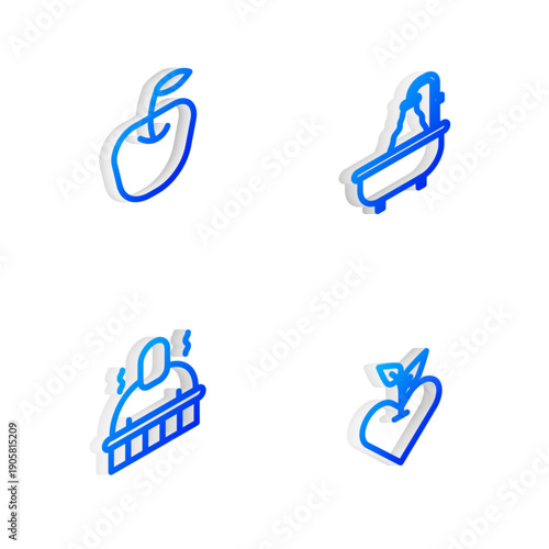Set Isometric line Bathtub, Apple, Sauna and spa procedures and Heart icon. Vector