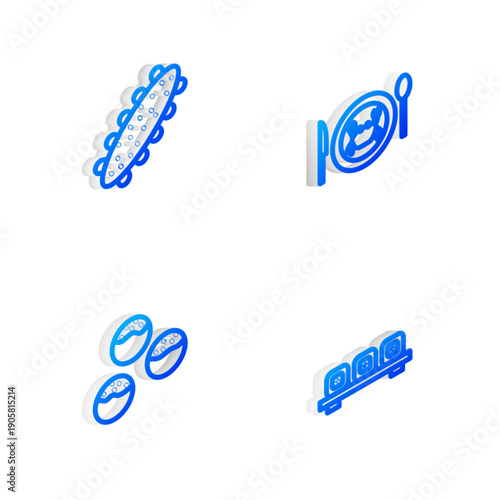 Set Isometric line Served crab on a plate, Sea cucumber, Takoyaki and Sushi cutting board icon. Vector