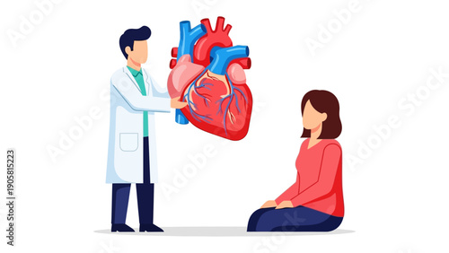 Healthcare Illustration: Doctor presenting a realistic model of a human heart to a seated patient. An embodiment of health and medical care.