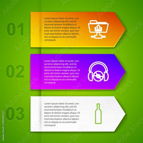 Set line FTP folder upload, Headphones and CD or DVD, Bottle of wine and Water drop percentage. Business infographic template. Vector