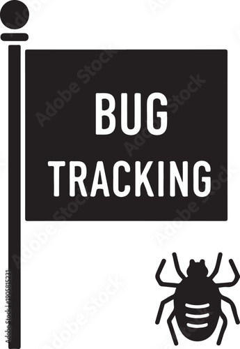 Black bug tracking sign with insect software development debugging error finding problem solving des