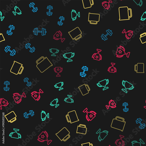 Set line Dumbbell, Trophy cup, Coffee and on seamless pattern. Vector