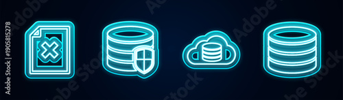 Set line Delete file document, Database protection, Cloud database and . Glowing neon icon. Vector