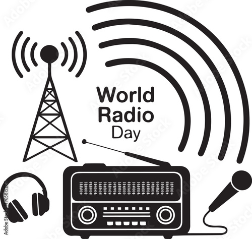 Black and white radio day celebration with antenna microphone headphones and text des