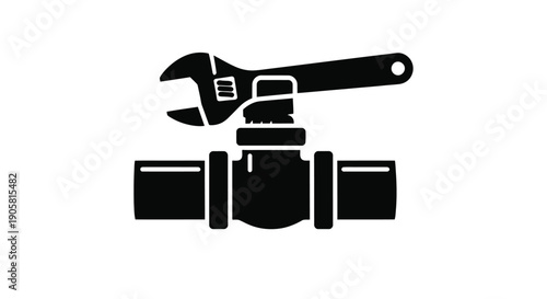 Black silhouette of a wrench adjusting a pipe valve on a white background