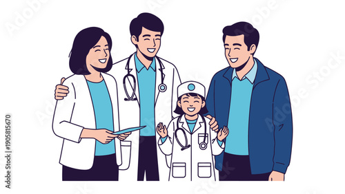 A Family's Dreams of Healthcare: A young child dressed as a doctor, beaming with potential, stands alongside loving parents and a medical professional, symbolizing dreams and aspirations. 