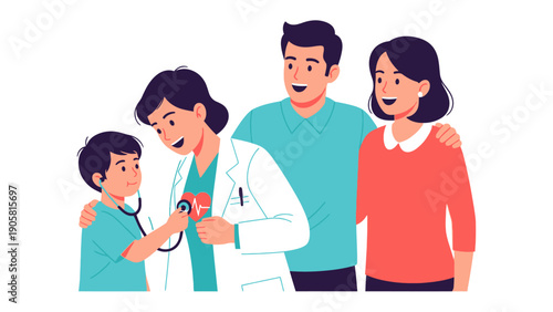 Doctor and Patient: A touching scene depicts a family's visit to the doctor, highlighting care. A child experiences the friendly and reassuring presence of a doctor.