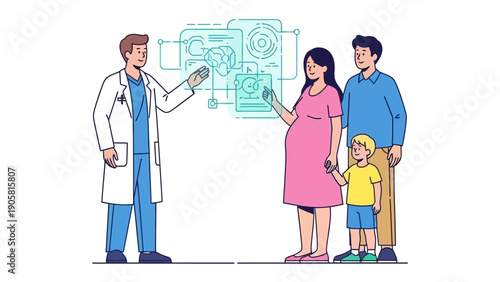 Health Consultation: A doctor presents advanced medical scans to an expectant mother and her family, symbolizing the blend of care, medicine, and support, during pregnancy journey.