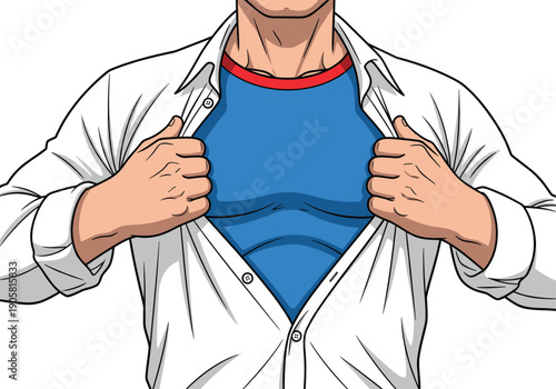 Superhero opening shirt concept with strong chest comic style illustration