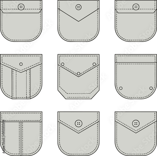 : Vector line art illustrations of different garment pocket styles for fashion design and tailoring concepts।