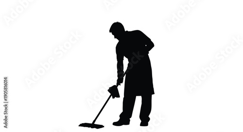 Silhouette of a janitor sweeping the floor against a white background
