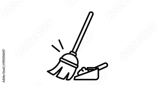 Simple line drawing of a broom sweeping dust into a dustpan