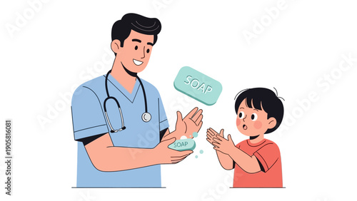 Handwashing Lesson: A doctor demonstrates proper handwashing technique to a young child with soap bar floating in the air, emphasizing hygiene and health in a colorful illustration.