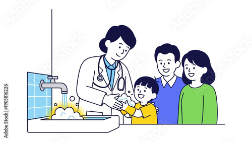 Hand Hygiene Lesson: A kind medical professional demonstrates proper handwashing techniques to a young child, the child's parents providing supportive smiles.