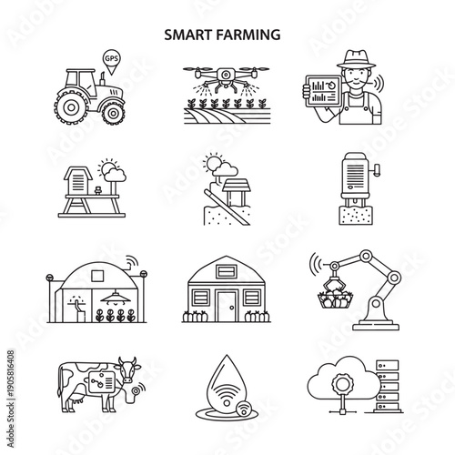 Vector smart farming icons set including tractor, drone, robot and barn isolated on transparent background