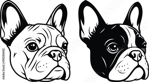 Two black and white dog illustrations with distinct facial features and expressions
