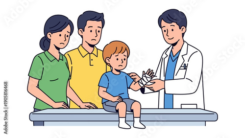 Examining the Injured: A concerned family stands with a doctor, attending to a young child's injury in a medical setting. This image conveys care, support, and the need for healing.