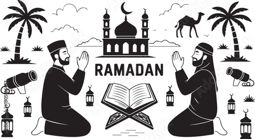 Ramadan celebration vector illustration with praying muslims and mosque Vector