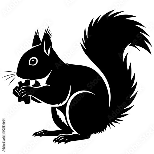 Black Silhouette Squirrel Holding Nut, Vector Art, Minimalist Wildlife Icon, Cute Forest Animal
