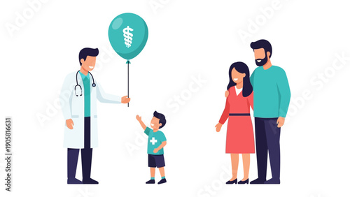 Healthcare Advocate: A doctor compassionately presents a symbolic balloon to a young patient, signifying care and support, while the parents look on, representing family care.