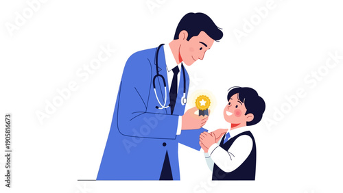 Pediatrician's Care and Recognition: A nurturing doctor presents a child with a golden star, symbolizing encouragement and support.