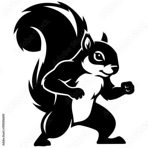 Black and White Squirrel Mascot Logo, Whiskers, Martial Arts Pose, Strong Animal Icon