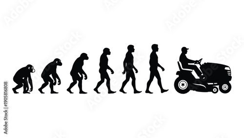 Evolution of man depicted through various stages leading to a lawnmower Vector