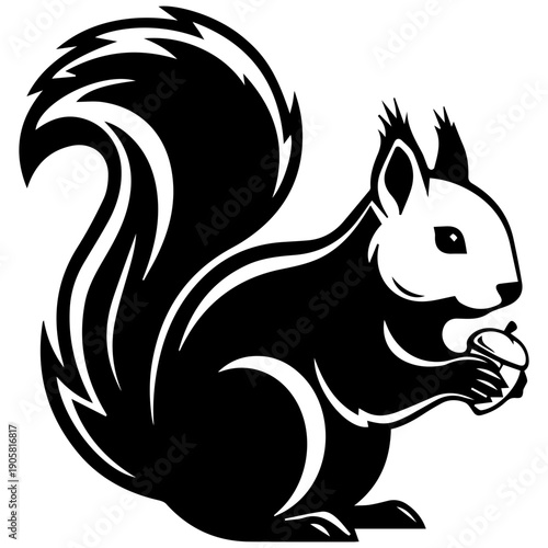 Stylized Black and White Squirrel Holding Acorn Logo, Vector Art, Minimalist Woodland Creature Icon