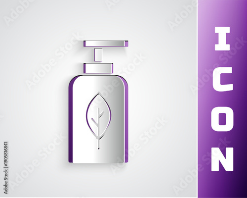 Paper cut Essential oil bottle icon isolated on grey background. Organic aromatherapy essence. Skin care serum glass drop package. Paper art style. Vector