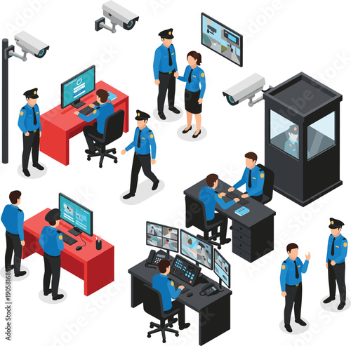 Isometric security control room with guards CCTV cameras monitoring and office desks