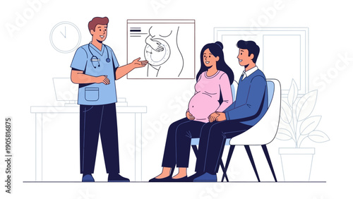 Pregnancy Consultation: A healthcare professional consults with an expectant mother and her partner, illustrating the medical process with educational material.
