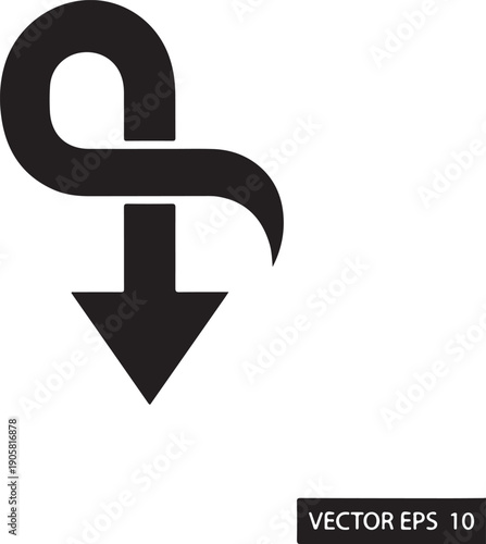 Black curved arrow pointing down on white background down arrow direction desig