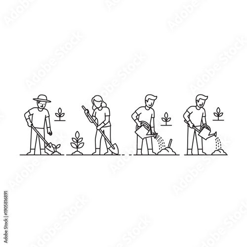 Vector illustration of a man planting and caring for a tree in four stages