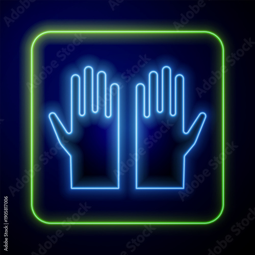 Glowing neon Medical rubber gloves icon isolated on blue background. Protective rubber gloves. Vector