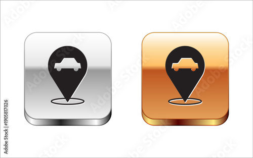 Black Location with car service icon isolated on white background. Auto mechanic service. Repair service auto mechanic. Silver and gold square buttons. Vector