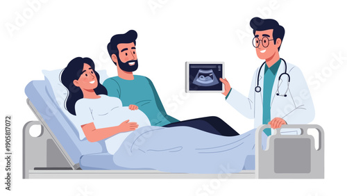 Expecting Couple's Ultrasound Moment: A caring doctor shares an ultrasound image with an expectant couple, symbolizing the anticipation and joy of impending parenthood. 