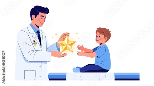 A Doctor Presenting a Golden Star to a Patient: A compassionate doctor bestows a gleaming golden star upon a young, delighted patient, symbolizing appreciation and excellence in health care. 