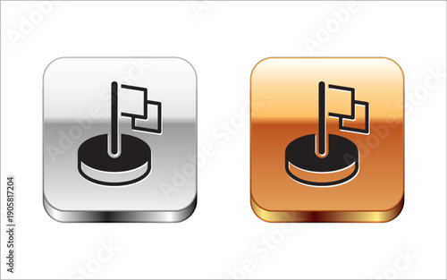 Black Flag icon isolated on white background. Victory, winning and conquer adversity concept. Silver and gold square buttons. Vector