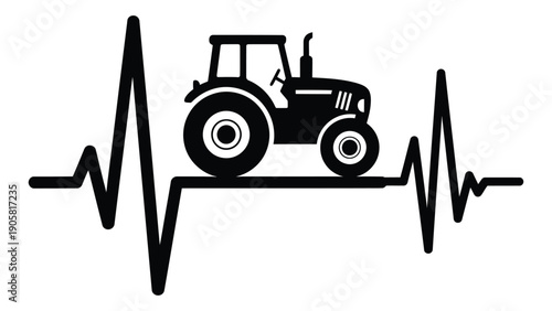 A black and white image of a tractor on a heart rate monitor. Vector