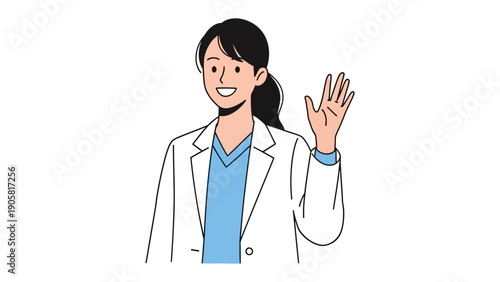 Friendly medical professional wave: A cheerful medical expert in a crisp lab coat extending a welcoming hand. The image captures the warmth and approachability of a healthcare setting.