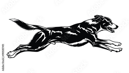 A black and white illustration of a dog running with its tail wagging and legs stretched out. Vector
