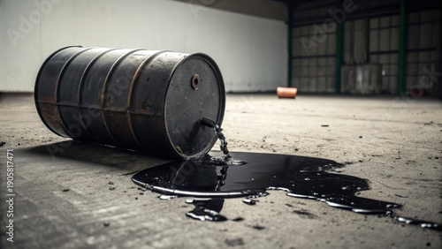 Spilled Black Liquid from an Industrial Drum on Concrete Floor