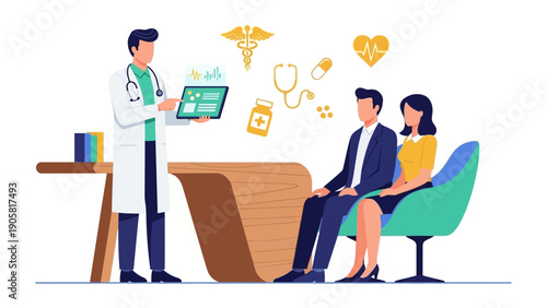 Doctor's Consultation: A doctor, offering guidance, consults with a couple, symbolizing health, and well-being. A visual representation of healthcare, and medical attention.