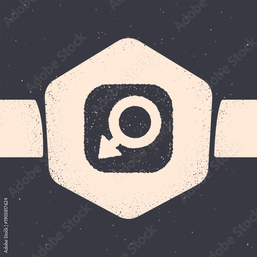 Grunge Male gender symbol icon isolated on grey background. Monochrome vintage drawing. Vector
